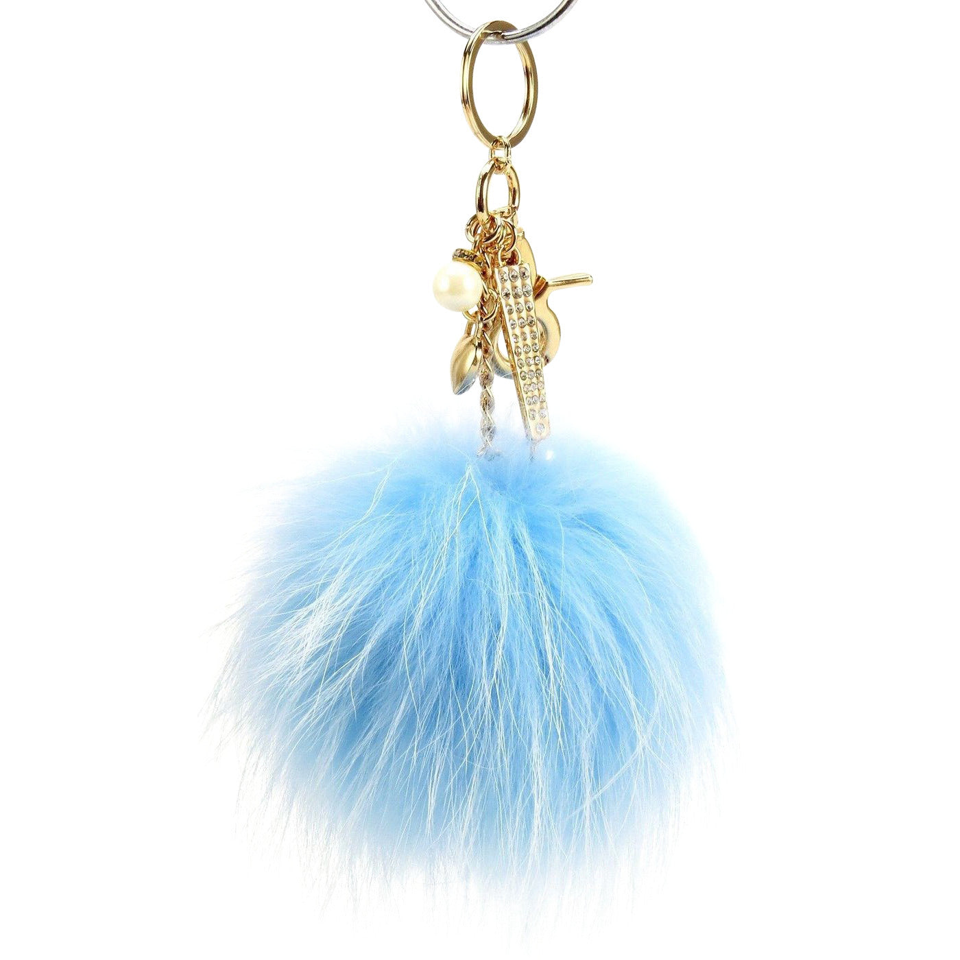 Real Fur Puff Ball Pom-Pom 6 Accessory Dangle Purse Charm - Royal Blue  with Gold Hardware