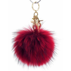 Real Fur Puff Ball Pom-Pom 6" Accessory Dangle Purse Charm - Red with Gold Hardware