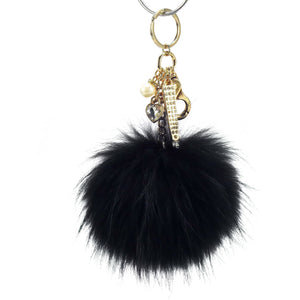 Real Fur Puff Ball Pom-Pom 6" Accessory Dangle Purse Charm - Black with Gold Hardware