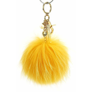Real Fur Puff Ball Pom-Pom 6" Accessory Dangle Purse Charm - Yellow Gold with Gold Hardware