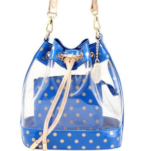 SCORE! Clear Sarah Jean Designer Crossbody Polka Dot Boho Bucket Bag- Royal Blue and Gold Gold