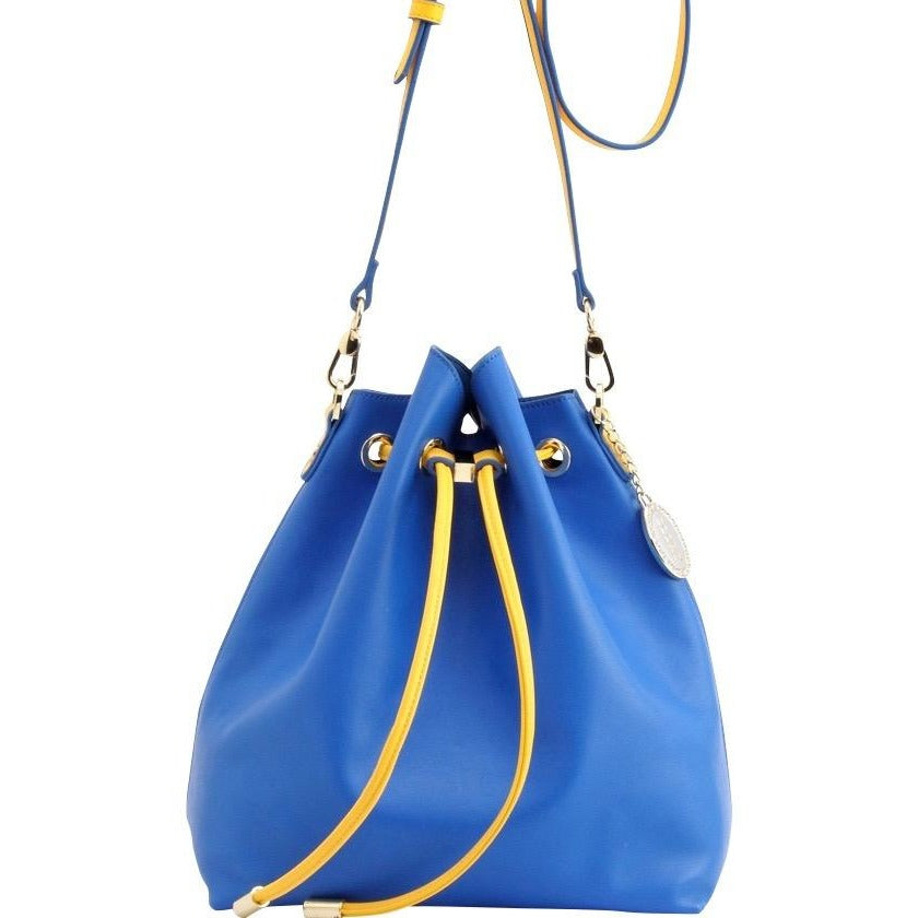 SCORE! Sarah Jean Crossbody Large BoHo Bucket Bag - Royal Blue and Gold Yellow