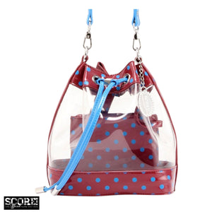 SCORE! Clear Sarah Jean Designer Crossbody Polka Dot Boho Bucket Bag-Maroon and Blue