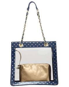 SCORE! Andrea Large Clear Designer Tote for School, Work, Travel - Navy Blue and Metallic Gold