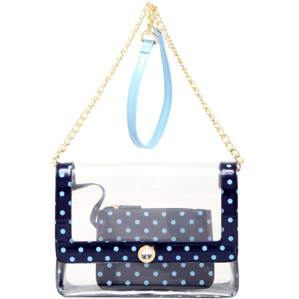 SCORE! Chrissy Medium Designer Clear Cross-body Bag -Navy Blue and Light Blue