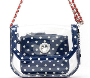 SCORE! Chrissy Small Designer Clear Crossbody Bag - Navy Blue, White and Red