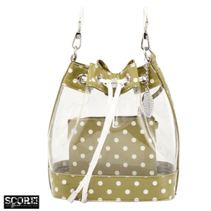 SCORE! Clear Sarah Jean Designer Crossbody Polka Dot Boho Bucket Bag-Olive Green and White