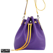 SCORE! Sarah Jean Crossbody Large BoHo Bucket Bag - Purple and Gold Yellow