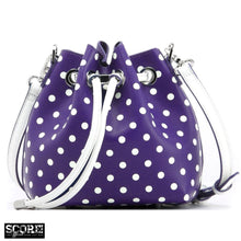 SCORE! Sarah Jean Small Crossbody Polka dot BoHo Bucket Bag - Purple and White