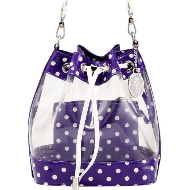 SCORE! Clear Sarah Jean Designer Crossbody Polka Dot Boho Bucket Bag-Purple and White