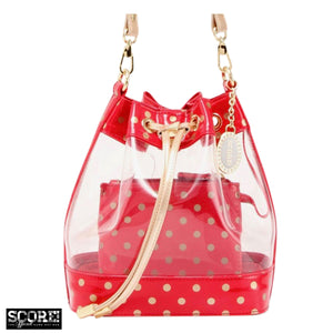 SCORE! Clear Sarah Jean Designer Crossbody Polka Dot Boho Bucket Bag-Red and Gold Gold