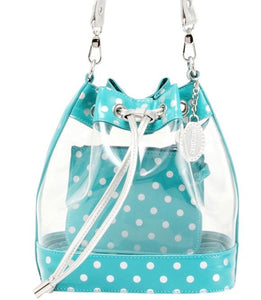 SCORE! Clear Sarah Jean Designer Crossbody Polka Dot Boho Bucket Bag-Turquoise and Silver