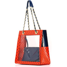 SCORE! Andrea Large Clear Designer Tote for School, Work, Travel - Orange and Navy Blue