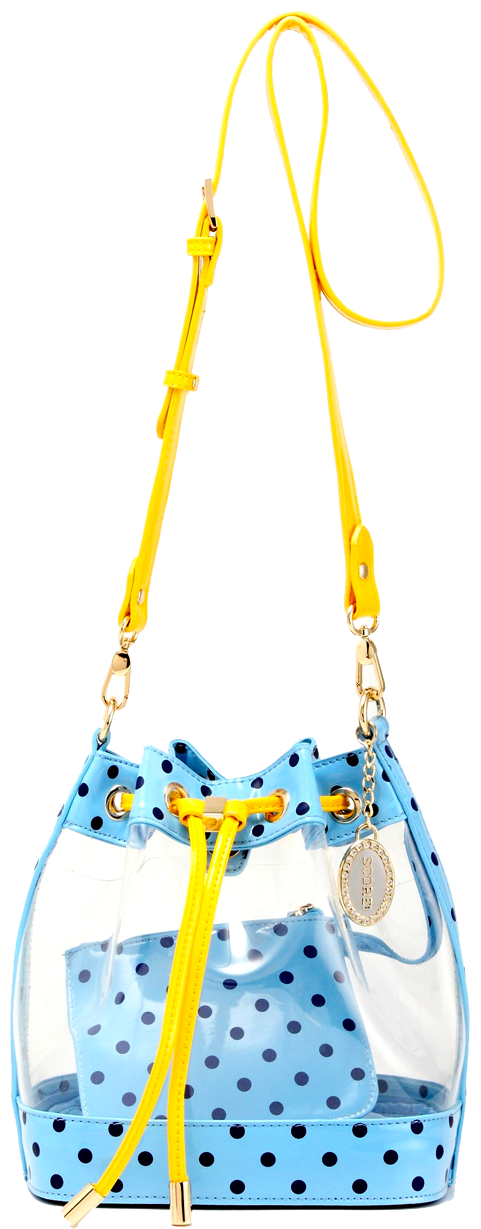SCORE! Clear Sarah Jean Designer Crossbody Polka Dot Boho Bucket Bag-Light  Blue, Navy Blue and Yellow Gold
