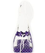 SCORE! Clear Sarah Jean Designer Crossbody Polka Dot Boho Bucket Bag-Purple and White