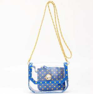 SCORE! Chrissy Small Designer Clear Crossbody Bag - Royal Blue and Yellow Gold