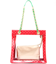 SCORE! Andrea Large Clear Designer Tote for School, Work, Travel- Racing Red, Metallic Gold and Fern Green