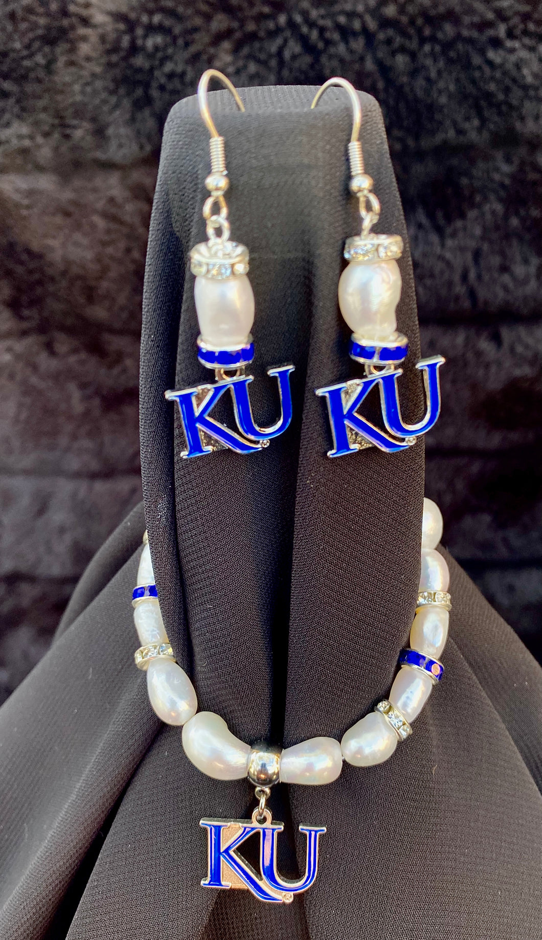 Kansas KU Jayhawks Logo Pearl Earrings and bracelet set