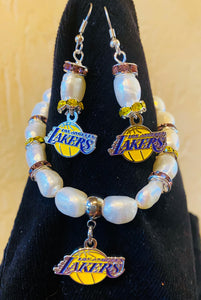 LA Lakers Pearl & Rhinestone EARRING & BRACELET SET