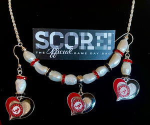 Alabama heart pearl and rhinestone logo necklace and earring set