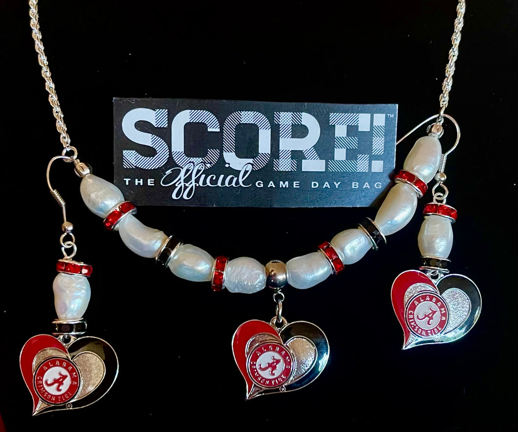 Alabama heart pearl and rhinestone logo necklace and earring set