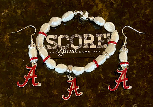Alabama logo pearl in rhinestone bracelet and earrings
