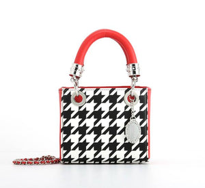 Score! Jacqui Classic Top Handle Crossbody Satchel  - Black and White Houndstooth and Red