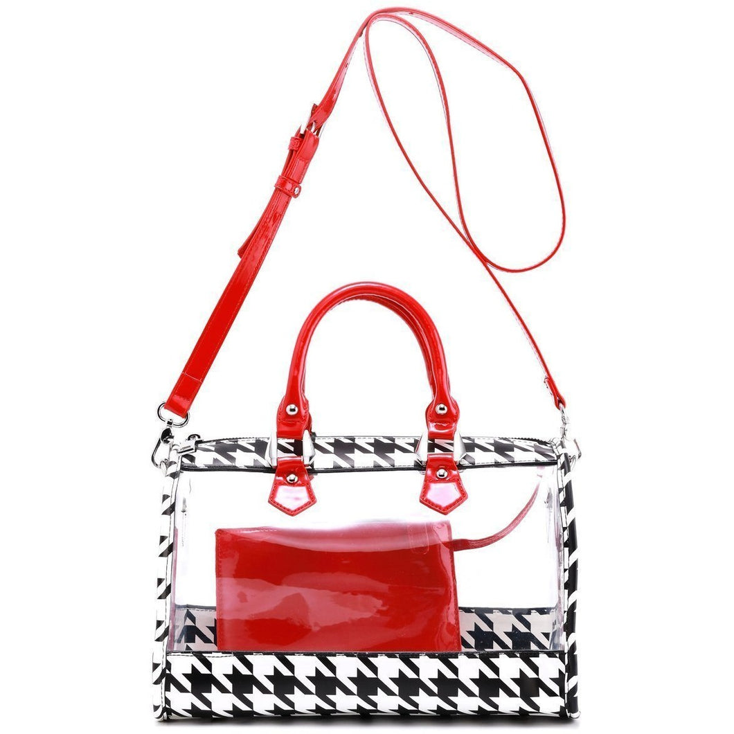 SCORE! Moniqua Large Designer Clear Crossbody Satchel - Houndstooth and Racing Red
