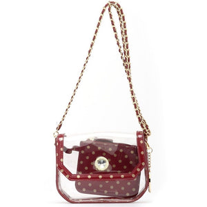 SCORE! Chrissy Small Designer Clear Crossbody Bag - Maroon and Gold