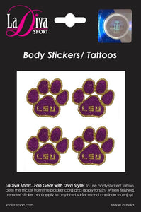 Louisiana State University LSU Tiger Paw Purple and Gold~Body, Face and Purse Sticker Tattoos