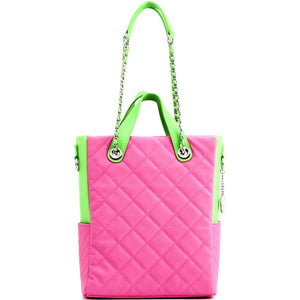 SCORE!'s Kat Travel Tote for Business, Work, or School Quilted Shoulder Bag - Pink and Lime Green